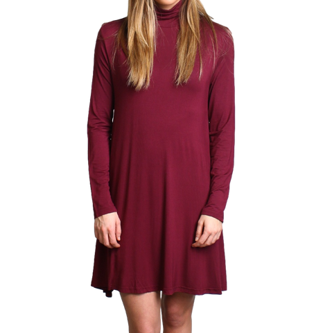 Dark Maroon Piko Turtleneck Swing Dress