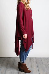 Dark Maroon Piko Long Sleeve Drape Tunic - DEV!  - 2