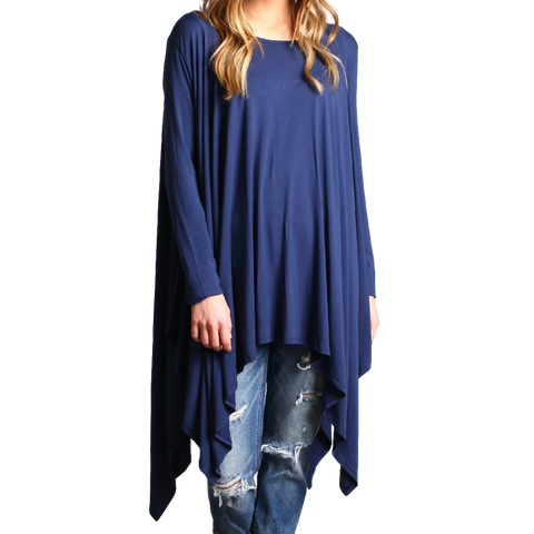 Navy Piko Long Sleeve Drape Tunic