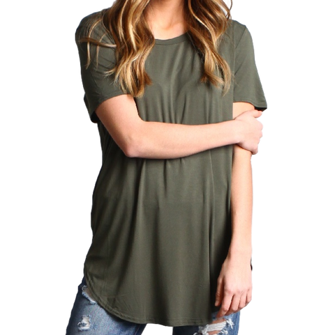 Army Green Piko Short Sleeve Curved Hem Top