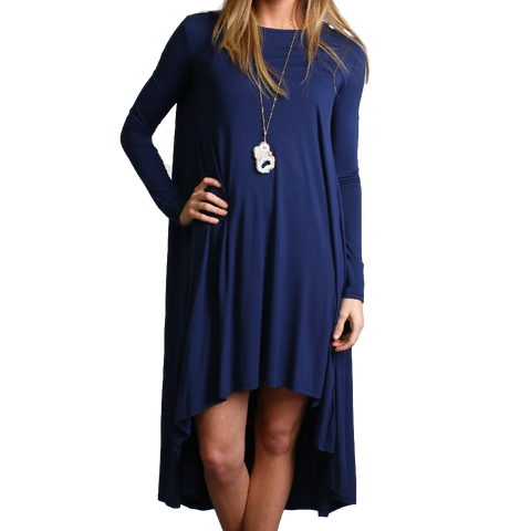 Navy Piko Long Sleeve High Low Dress