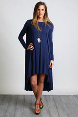 Navy Piko Long Sleeve High Low Dress - DEV!  - 4