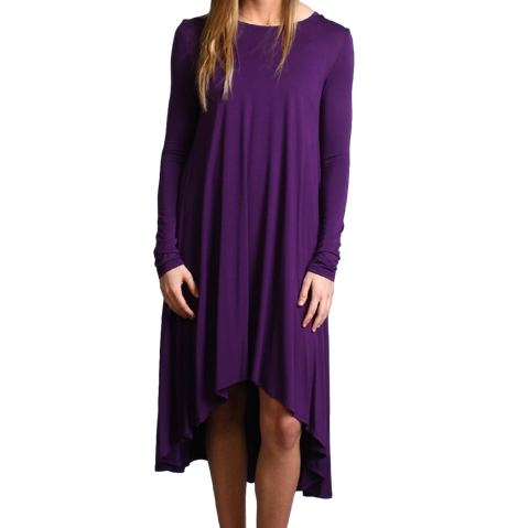 Dark Purple Piko Long Sleeve High Low Dress