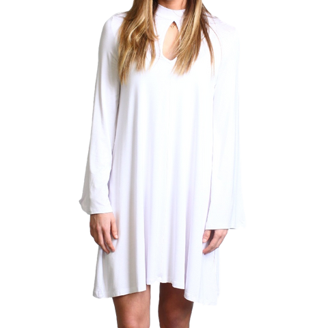 White Piko Keyhole Bell Sleeve Dress