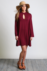 Dark Maroon Piko Keyhole Bell Sleeve Dress - DEV!  - 4