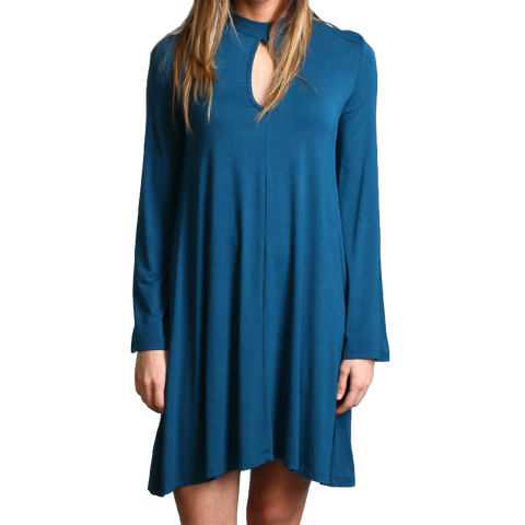 Majolica Blue Piko Keyhole Bell Sleeve Dress