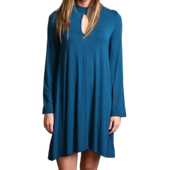 Majolica Blue Piko Keyhole Bell Sleeve Dress - DEV!  - 1