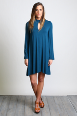 Majolica Blue Piko Keyhole Bell Sleeve Dress - DEV!  - 4