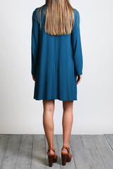 Majolica Blue Piko Keyhole Bell Sleeve Dress - DEV!  - 3