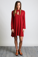 Wine Piko Keyhole Bell Sleeve Dress - DEV!  - 4