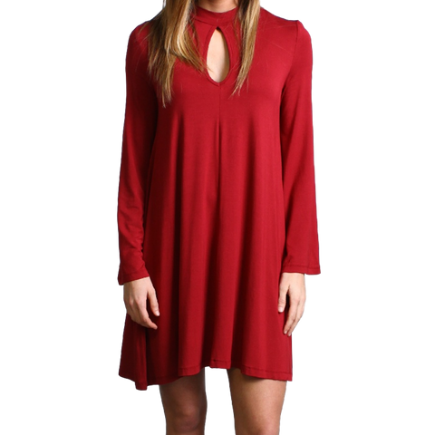 Wine Piko Keyhole Bell Sleeve Dress