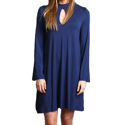 Navy Piko Keyhole Bell Sleeve Dress