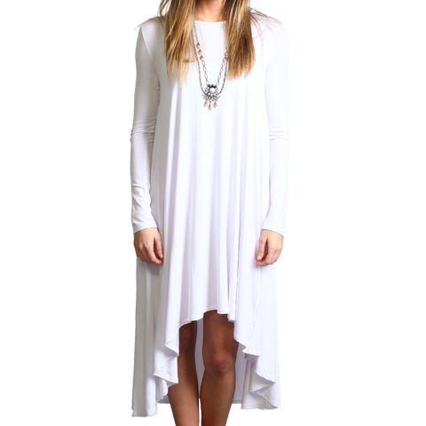 White Piko Long Sleeve High Low Dress
