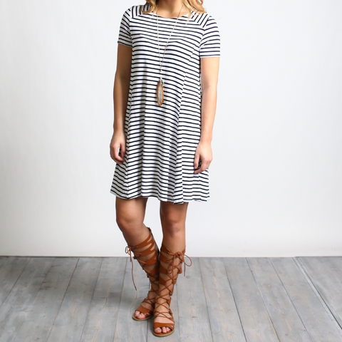 White Stripe Piko Swing Dress