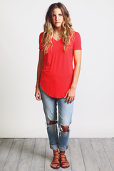 Red Piko V-Neck Curved Hem Top - DEV!  - 2