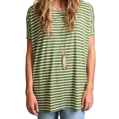 Olive Stripe Piko Short Sleeve Top