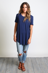 Navy Piko Short Sleeve Curved Hem Top - DEV!  - 4