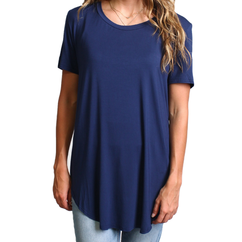 Navy Piko Short Sleeve Curved Hem Top