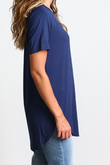 Navy Piko Short Sleeve Curved Hem Top - DEV!  - 2