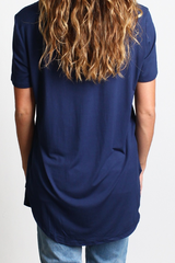 Navy Piko Short Sleeve Curved Hem Top - DEV!  - 3