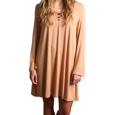 Iced Coffee Piko Lace Up Swing Dress