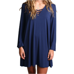 Navy Piko Lace Up Swing Dress - DEV!  - 1
