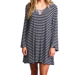 Black Stripe Piko Lace Up Swing Dress - DEV!  - 1