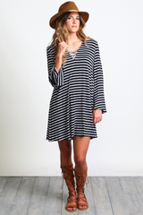 Black Stripe Piko Lace Up Swing Dress - DEV!  - 4