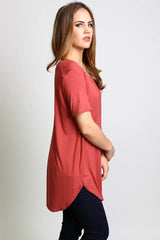 Marsala Piko Short Sleeve Curved Hem Top - DEV!  - 2